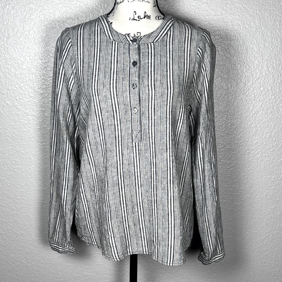 B.L.E.U. Women's Sz M Linen Blend Peasant Boho Relaxed Lagenlook Blouse Grey - Picture 3 of 12